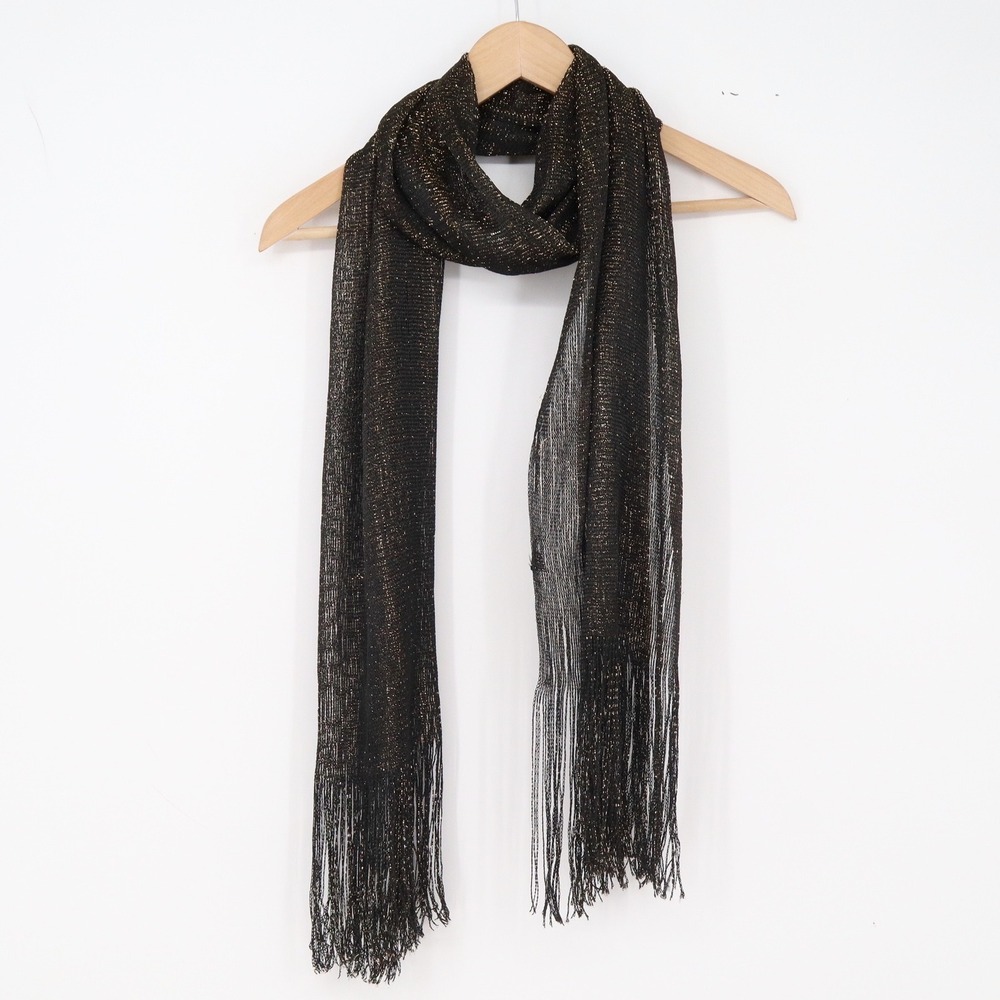 Unbranded Scarf Womens One Size Metallic Knit Black Gold Fringe Excellent